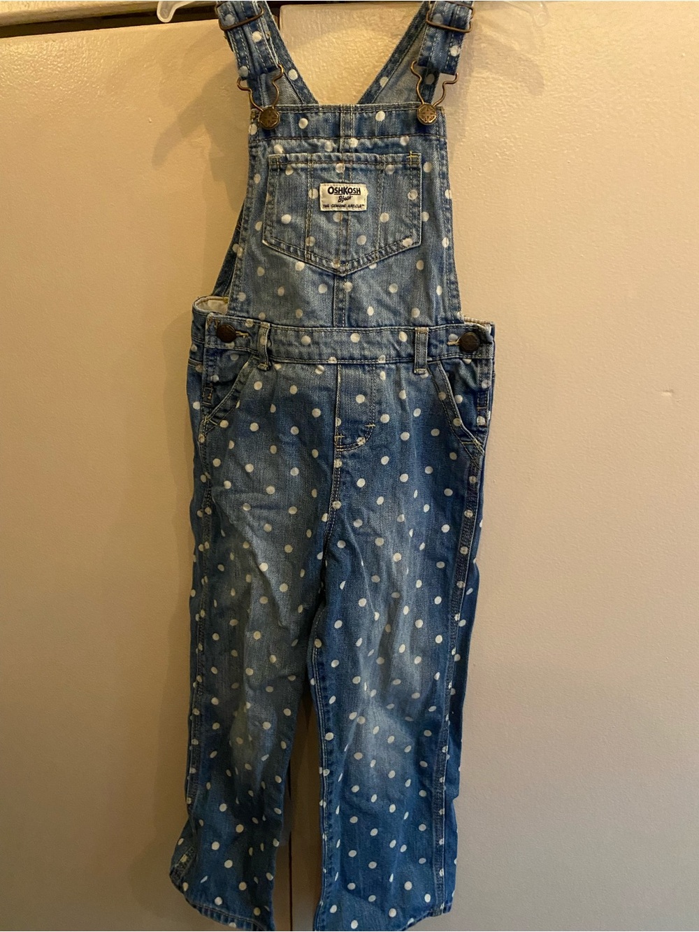 OshKosh B'gosh Denim Overalls with White Polka Dots - Blue & White